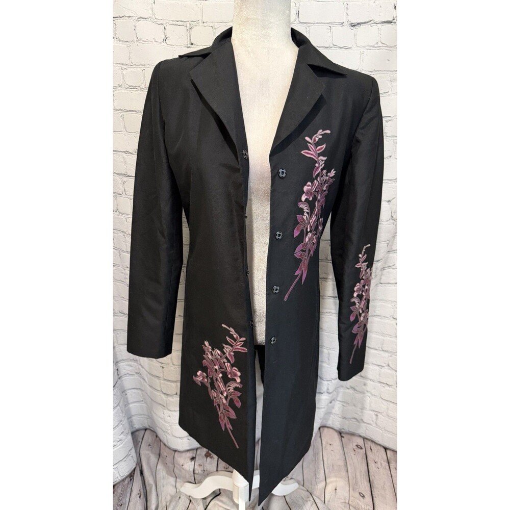 Bloomingdale’s Silk Long Black Floral Embroidered Jacket Coat Size 4 - Picture 2 of 10
